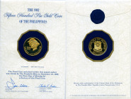 Republic gold Proof 1500 Piso 1982-FM, Franklin mint, KM237. Commemorates 40th Anniversary of Bataan-Corregidor. Comes in sealed cachet within mint is...