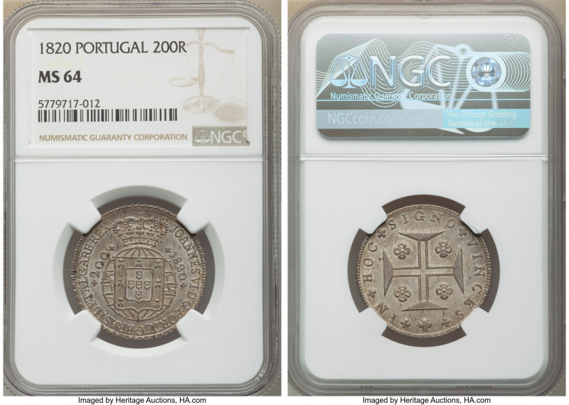 João VI 200 Reis 1820 MS64 NGC, Lisbon mint, KM357. Taupe-gray toning, subdued l...