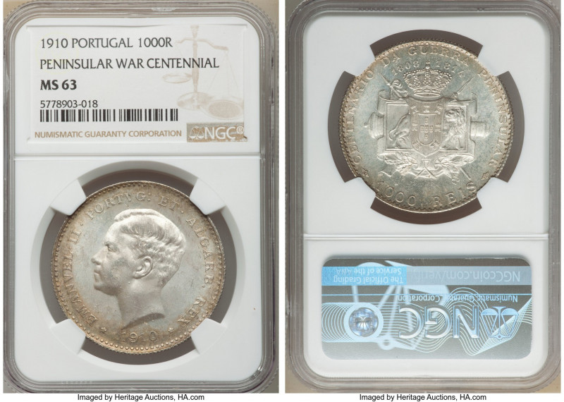 Manuel II 1000 Reis 1910 MS63 NGC, KM558. One year type in commemoration of the ...