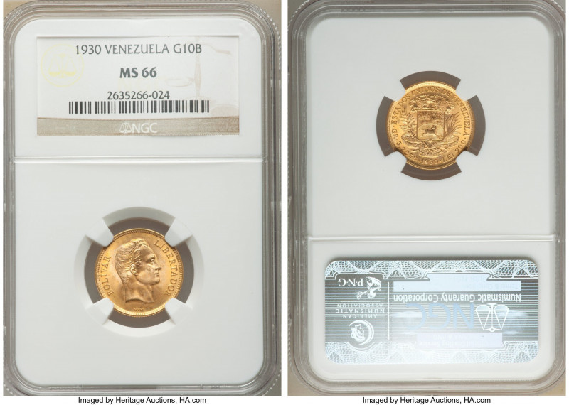Republic gold 10 Bolivares 1930-(p) MS66 NGC, Philadelphia mint, KM-Y31. AGW 0.0...