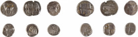 MONDE GREC
Ensemble de six monnaies comprenant
THRACE CHERCHONESE
Tetroboles
A/ Protomé de lion tournant la tête
R/ Carré creux orné d’une grappe...