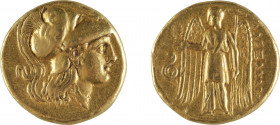 MACEDOINE ALEXANDRE III LE GRAND
Statère d’or
A/ Tête casquée d’Athena à droite
R/ Niké debout, un serpent à gauche
Atelier de Sardes
334-323 ava...