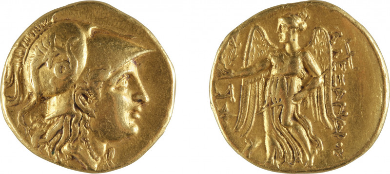 MACEDOINE PHILIPPE III ARRHIDEE
Statère d’or
A/ Tête casquée d’Athena à droite...