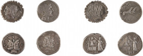REPUBLIQUE ROMAINE
Ensemble de quatre monnaies comprenant :
FURIA
Denier
A/ Tête barbue de Janus
R/ Victoire, captifs et trophées
119 avant J.-C...