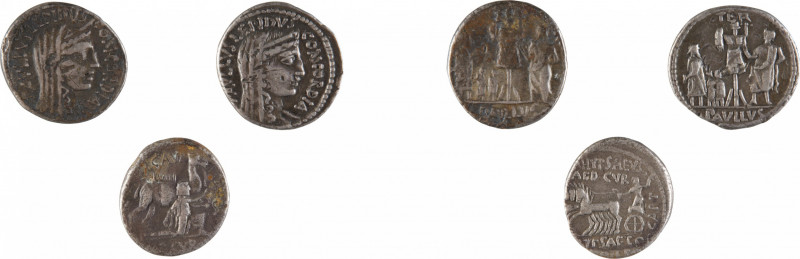 REPUBLIQUE ROMAINE
Ensemble de trois monnaies comprenant :
AEMILIA
Denier
A/...