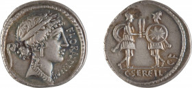 SERVILIA
Denier
A/ Tête de Flora à droite, coiffée d’une couronne de fleur, derrière un lituus
R/ Deux soldats face à face
57 avant J.-C.
Argent ...