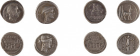 REPUBLIQUE ROMAINE
Ensemble de quatre monnaies comprenant :
MEMMIA
Denier
A/ Buste de Cérès à droite
R/ Trophée d’armes et un captif
56 avant J....