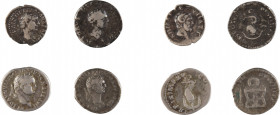 EMPIRE ROMAIN
Ensemble de quatre monnaies comprenant :
TITUS
Denier
A/ Tête de Titus laurée à droite
R/ Dauphin enroulé autour d’une ancre
80 ap...