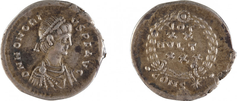 HONORIUS
Silique
A/ Tête d’Honorius à droite
R/ Voeux pour le vingtième anniv...