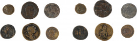 Lot comprenant 6 monnaies et médailles dont curieux follis de Dioclétien au revers énigmatique, sesterce et as de Trajan, Unité de Bithynie avec contr...