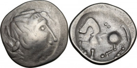 Celtic World. Celtic, Eastern Europe. Uncertain tribe. AR Tetradrachm, 'Sattelkopf' type, 2nd century BC. Imitating Philip II of Macedonn (mint in Tra...