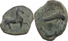 Greek Italy. Northern Apulia, Salapia. AE 18 mm. c. 275-250 BC. HN Italy 686 var. (dolphin right). AE. 6.40 g. 21.00 mm. RR. Very rare. Green patina. ...