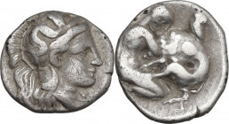 Greek Italy. Southern Apulia, Tarentum. AR Diobol, 325-280 BC. HN Italy 976. AR. 1.20 g. 12.00 mm. About VF.