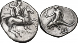 Greek Italy. Southern Apulia, Tarentum. Nomos, c. 280-272 BC. HN Italy 1002; Vlasto 720. AR. 6.49 g. 21.00 mm. VF.