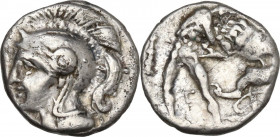 Greek Italy. Southern Apulia, Tarentum. AR Diobol, c. 280-228 BC. Cf. HN Italy 1061; Cf. Vlasto 1468. AR. 0.80 g. 11.00 mm. R. Rare with a nice and de...