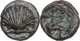 Greek Italy. Southern Apulia, Tarentum. AE 13 mm, 275-200 BC. HGC 1 940; HN Italy 1087. AE. 2.13 g. 13.00 mm. Lovely dark green patina. VF/Good F.