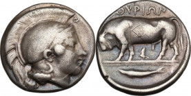 Greek Italy. Southern Lucania, Thurium. AR Nomos, c. 443-400 BC. HN Italy 1772; SNG ANS 948-50. AR. 7.76 g. 22.00 mm. K graffito on reverse. AboutVF/V...