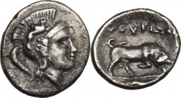 Greek Italy. Southern Lucania, Thurium. AR Triobol, c. 350-300 BC. HGC 1 1267. AR. 1.13 g. 12.00 mm. K graffito on reverse. VF.
