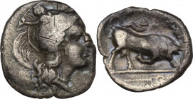 Greek Italy. Southern Lucania, Thurium. AR Diobol, c. 281-268 BC. SNG Cop. 1490. AR. 0.98 g. 12.00 mm. About VF.