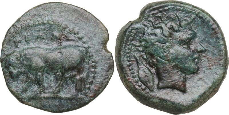 Sicily. Gela. AE Tetras, 420-405 BC. CNS III 7. AE. 3.77 g. 18.00 mm. Dark green...