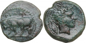 Sicily. Gela. AE Tetras, 420-405 BC. CNS III 7. AE. 3.77 g. 18.00 mm. Dark green patina. VF/Good VF.