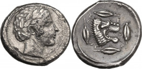 Sicily. Leontini. AR Tetradrachm, c. 455-430 BC. HGC 2 667; SNG ANS 229 ; Boehringer, Münzgeschichte 38. AR. 17.00 g. 27.00 mm. R. Lovely toned. Trace...