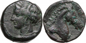 Punic Sardinia. AE Unit, c. 300-264 BC. Cf. Lulliri pl. 2, 32/35 (for type, no signs); Cf. SNG Cop. 144ff. AE. 6.63 g. 19.00 mm. Small pellet on rever...