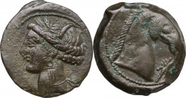 Punic Sardinia. AE Unit, c. 300-264 BC. Lulliri pl. 2, 42; SNG Cop. 173. AE. 4.56 g. 20.50 mm. Palm before horse's head. About EF.