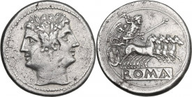 Anonymous. AR Quadrigatus, uncertain Sicilian mints, 218-217 BC. Cr. 28/3. AR. 6.61 g. 23.00 mm. About EF.
