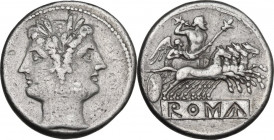 Anonymous. AR Quadrigatus, uncertain Sicilian mints, 218-217 BC. Cr. 28/3. AR. 6.61 g. 21.00 mm. Good VF.