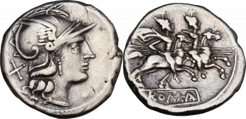 Anonymous. AR Denarius, after 211 BC. Cr. 53/2. AR. 3.73 g. 18.00 mm. VF.