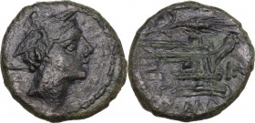 Corn-ear and KA series. AE Sextans, c. 207-206 BC, Sicily. Cr. 69/6b. AE. 6.12 g. 21.00 mm. Traces of smoothing. VF.
