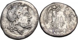 Spearhead (first) series. AR Victoriatus, 214 BC. Cr. 83/1a. AR. 3.14 g. 17.20 mm. About VF.