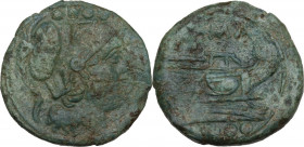 L series (first light series). AE Triens, Luceria mint, 211-208 BC. Cr. 97/12. AE. 6.58 g. 21.00 mm. Pale green patina. About VF.