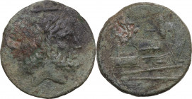 CA series. AE As, Canusium, c. 206-195 BC. Cr. 97/22a. AE. 18.84 g. 32.50 mm. RR. Greek style. Choice specimen. VF.