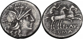 Decimius Flavus. Denarius, 150 BC. Cr. 207/1; B. (Decimia) 1. AR. 3.56 g. 18.00 mm. Toned. About VF.