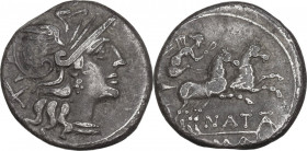 Pinarius Natta. Denarius, 149 BC. Cr. 208/1; B. (Pinaria) 1. AR. 3.50 g. 17.00 mm. Toned. About VF.