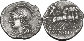 M. Baebius Q. f. Tampilus. Denarius, 137 BC. Cr. 236/1a; B. (Baebia) 12. AR. 3.78 g. 18.00 mm. VF.