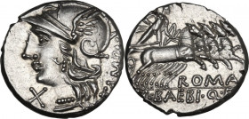 M. Baebius Q. f. Tampilus. Denarius, 137 BC. Cr. 236/1; B. (Baebia) 12. AR. 3.94 g. 18.00 mm. Brilliant and superb. EF.