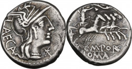 M. Porcius Laeca. Denarius, 125 BC. Cr. 270/1; B. (Porcia) 3. AR. 3.78 g. 17.00 mm. Lightly toned. Good VF.