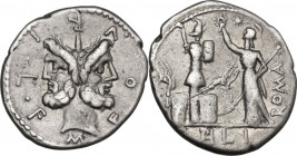 M. Furius L.f. Philus. AR Denarius, 119 BC. Cr. 281/1. AR. 3.80 g. 19.50 mm. Lightly toned. VF/About VF.