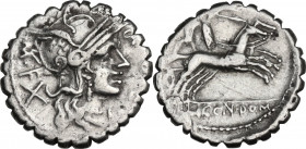 L. Licinius Crassus, Cn. Domitius Ahenobarbus and M. Aurelius Scaurus. Denarius serratus, Narbo mint, 118 BC. Cr. 282/1; B. (Aurelia) 20. AR. 3.86 g. ...