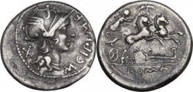 M. Cipius M.f. AR Denarius, 115 or 114 BC. Cr. 289/1; B. 1. AR. 3.89 g. 18.00 mm. VF.