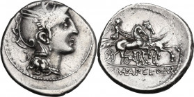 Appius Claudius Pulcher, T. Manlius Mancinus and Q. Urbinius. Denarius, Rome mint, 111 or 110 BC. Cr. 299/1a; B. 2 (Claudia), 2 (Manlia). AR. 3.90 g. ...