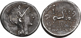 Appius Claudius Pulcher, T. Manlius Mancinus and Q. Urbinius. Denarius, 111 or 110 BC. Cr. 299/1b; B. (Mallia) 2 and (Claudia) 3. AR. 3.96 g. 18.00 mm...