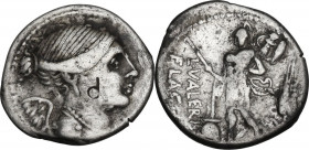 L. Valerius Flaccus. Denarius, 108 or 107 BC. Cr. 306/1; B. 11 (Valeria). AR. 3.83 g. 20.00 mm. Banker's marking on the obverse. About VF.