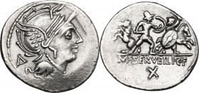 M. Servilius C.f. AR Denarius, 100 BC. Cr. 327/1. AR. 3.89 g. 22.20 mm. Sharply struck on a broad flan. Graffito on obverse. Good VF.