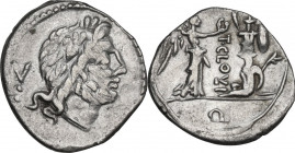 T. Cloulius. Quinarius, 98 BC. Cr. 332/1a; B. (Cloulia) 2. AR. 1.94 g. 17.00 mm. VF.