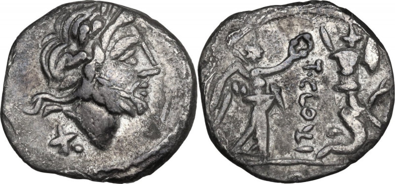 T. Cloulius. Quinarius, 98 BC. Cr. 332/1b; B. (Cloulia) 2. AR. 1.64 g. 15.00 mm....