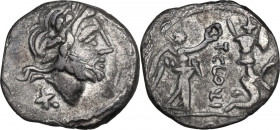 T. Cloulius. Quinarius, 98 BC. Cr. 332/1b; B. (Cloulia) 2. AR. 1.64 g. 15.00 mm. VF/About VF.
